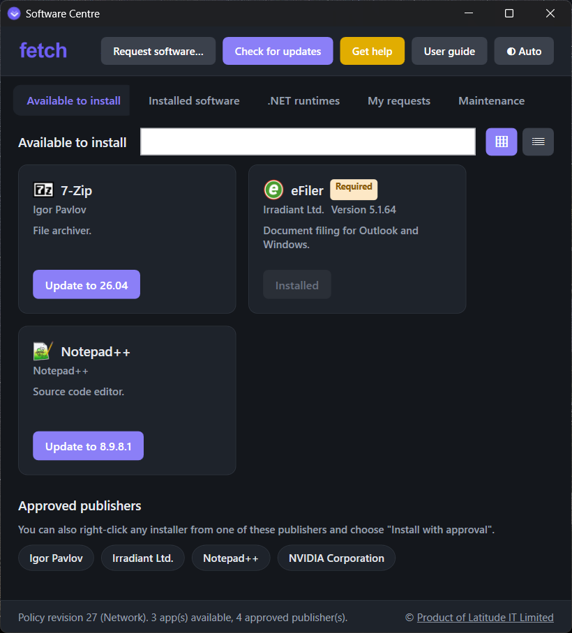 Fetch Software Centre showing approved apps - 7-Zip and Notepad++ with one-click 'Update to' buttons, eFiler marked Required and installed, and approved publishers.